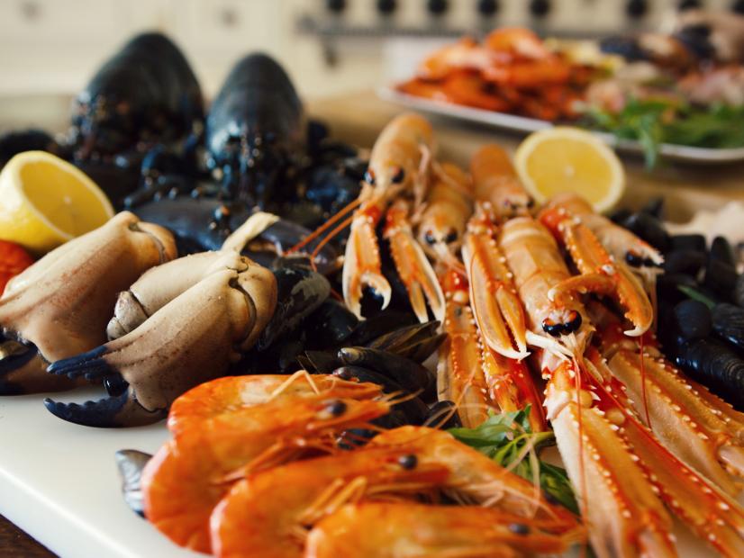 Seafood platter featuring lobster, scallops, mussels, langoustine and shrimp prepared by host Sarah Sharratt for Christmas, as seen on Cooking Channel's UpRooted.