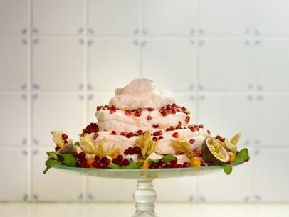 Swiss Meringue Tower with Pomegranate & Passion Fruit recipe prepared by UpRooted host Sarah Sharratt for her Christmas feast.