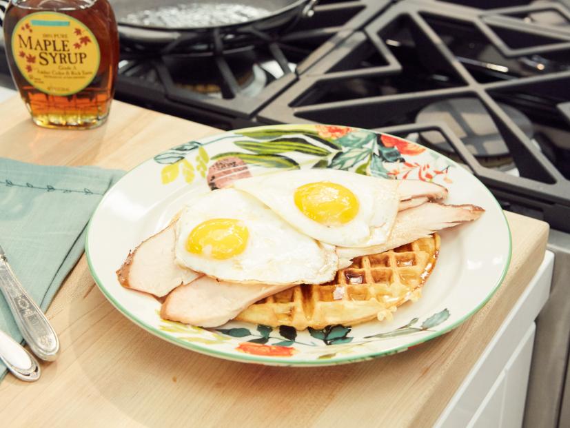Host Tiffani Amber Thiessen's  dish, Turkey Waffle and Eggs, as seen on Cooking Channel’s Dinner at Tiffani’s, Christmas Special.