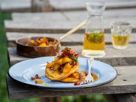 Teacup Pancakes with Quick Nectarine Jam and Sticky Maple Bacon