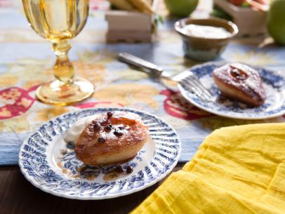 Beauty shot of the Baked Pears with Currants and Cinnamon during Farmers Market, as seen on Cooking Channel's Dinner at Tiffani's, Season 2.
