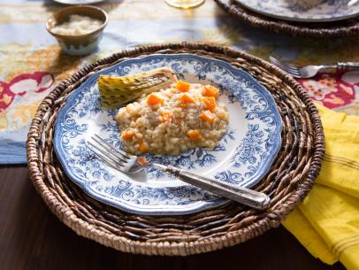 Beauty shot of the Roasted Butternut Squash Risotto during Farmers Market, as seen on Cooking Channel's Dinner at Tiffani's, Season 2.