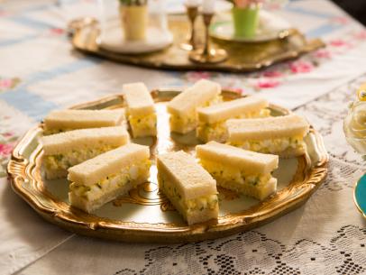 Beauty shot of the Truffled Egg Salad Tea Sandwiches during High Tea: Celebrating Moms, as seen on Cooking Channel's Dinner at Tiffani's, Season 2.