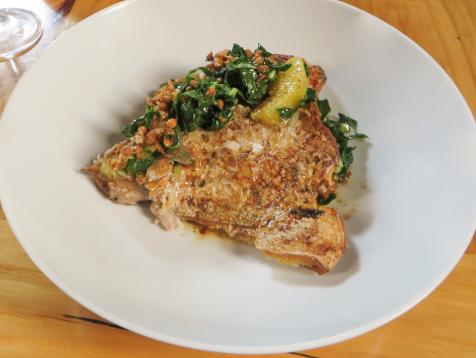 African Pompano Collar with Warm Kale Salad and Pancetta Vinaigrette