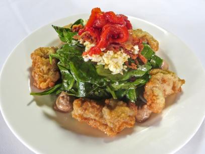 Bijoux Fried Oyster Salad with Crispy Tempura Fried Oyster, Baby Spinach, Chopped Egg, Crisp Bacon, Roasted Red Pepper and Creamy Bacon Balsamic Aioli