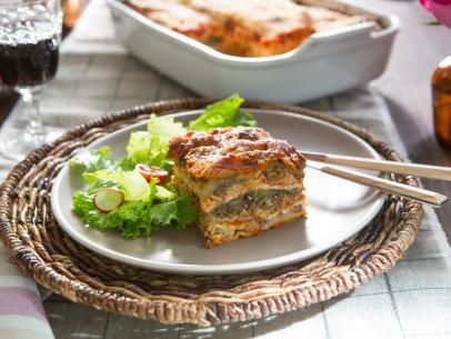 Beauty photo of the Roasted Vegetable and Sausage Lasagna during Potluck, as seen on Cooking Channel's Dinner at Tiffani's, Season 2.