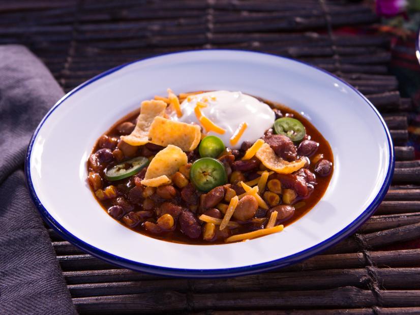Beauty of Four Bean Chili during Campfire Cookout, as seen on Cooking Channel's Dinner at Tiffani's, Season 2.