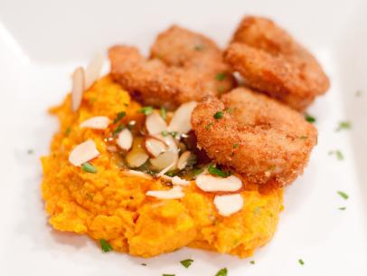 FNS7 Episode 3 Finalist Jyll Everman's Dish Beauty for Hershey's Camera Challenge.  Ingredients: ("Almond Joy Pieces) Coconut Shrimp w/ sweet potato mash w/ almond butter.