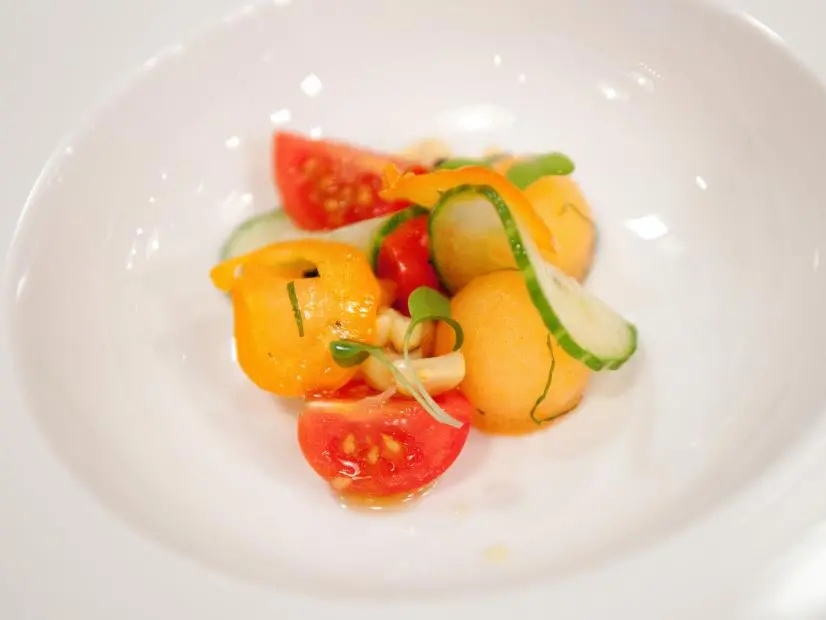 FNS7 Episode 7 Finalist Whitney Chen's "ummer Gazpacho" dish beauty for Camera Challenge.