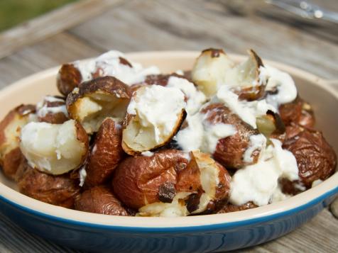 Smashed Grill-Roasted Potatoes with Creme Fraiche