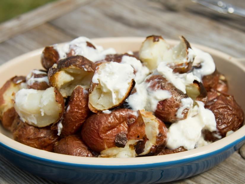 Smashed GrillRoasted Potatoes with Creme Fraiche Recipe Cooking Channel