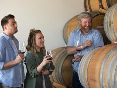 Host Haylie Duff, owner Dave Potter, and Jonathan Bennett sample six month old Pinot Noir at Potek's in Santa Barbara, CA as seen on the Cooking Channel's Haylie's America episode 101.