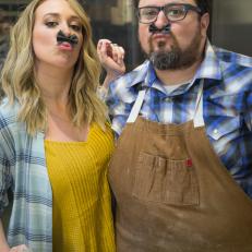 Host Haylie Duff and Bruce Kalman pose with squid ink bow tie pasta "mustaches" at Knead Pasta in Los Angeles, CA as seen on the Cooking Channel's Haylie's America episode 102.