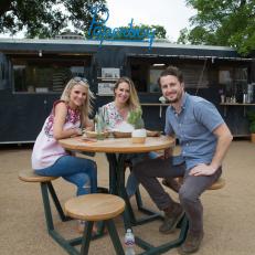 Seated portrait shot of Carly Allen Martin, host Haylie Duff, and owner Ryan Harms of Paperboy in Austin, TX as seen on the Cooking Channel's Haylie's America episode 103.