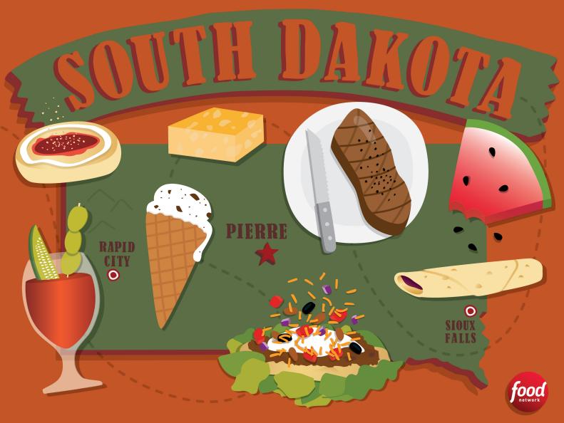South Dakota’s culinary scene is a collection of dishes heavily influenced by Native Americans, Scandinavians, farmers and ranchers, hunters and gatherers, meat eaters and vegetarians, and church basement ladies. Communities have their own food stories, but in a state where traditions and recipes vary, dishes like Indian fry bread, chislic, tiger meat, walleye, buffalo burgers, lefse and mocha cakes gather people around the table to eat and drink as neighbors.

Illustration by Hello Neighbor Designs